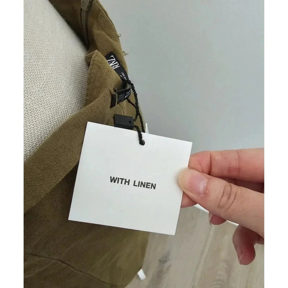 Zara Linen Cotton Blend Slit Faux Button Olive Green Straight Midi Long Skirt M - Picture 13 of 13